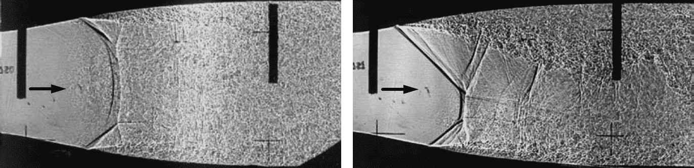 Schlieren picture of the symmetric (left) and asymmetric shock system [5,6]
