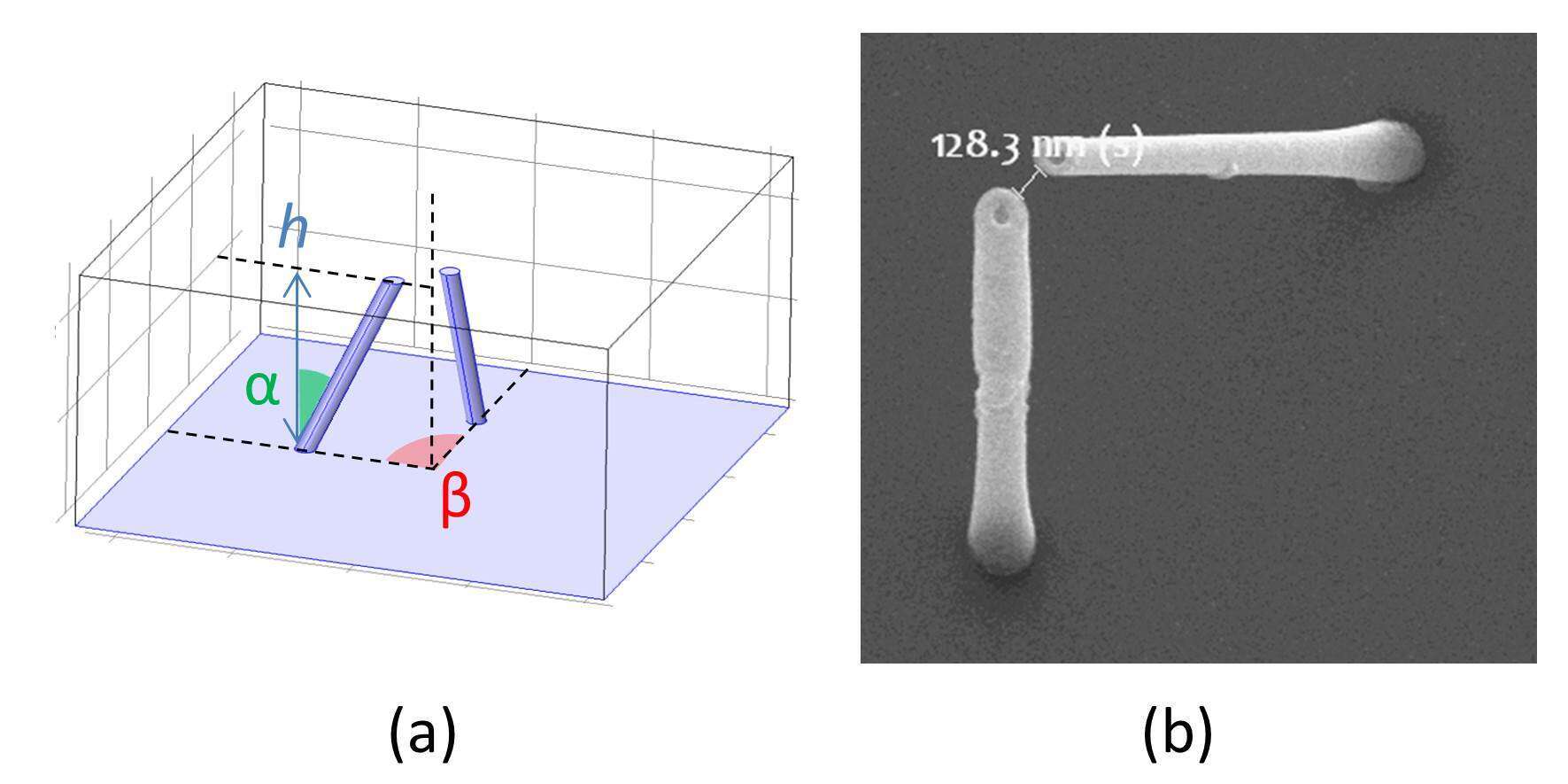 Fig. 1. (a) 3D scheme of the considered antenna dimers. Geometrical parameters are h=1.8μm, α=32°, β=90°, pitch = 4.5μm, g=130nm; (b) SEM micrograph of a fabricated dimer