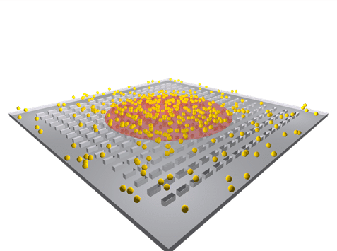 Artistic impression of Cesium atoms interacting with the plasmonic metamaterial, resonantly excited by the laser