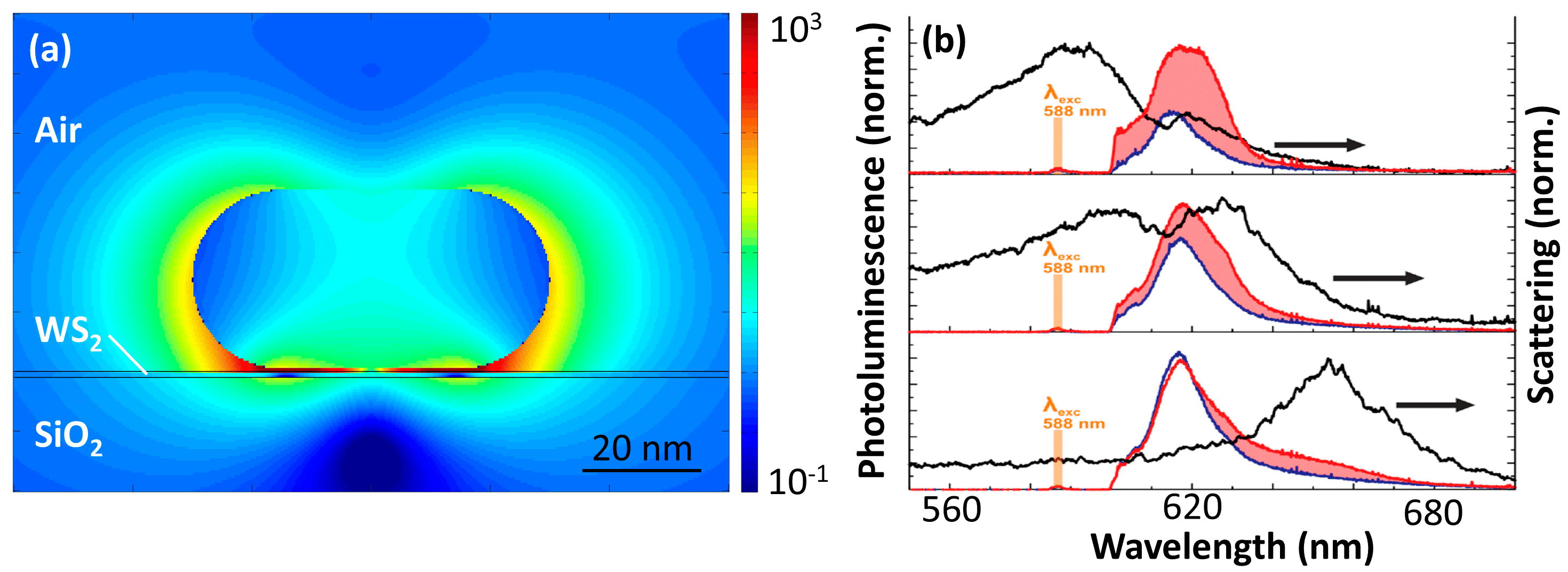 Fig. 1: (a) Calculated near-field intensity of the hybrid system. (b) Emission-polarization resolved photoluminescence spectra (coloured lines) compared to scattering spectra (black lines) for different rod lengths.