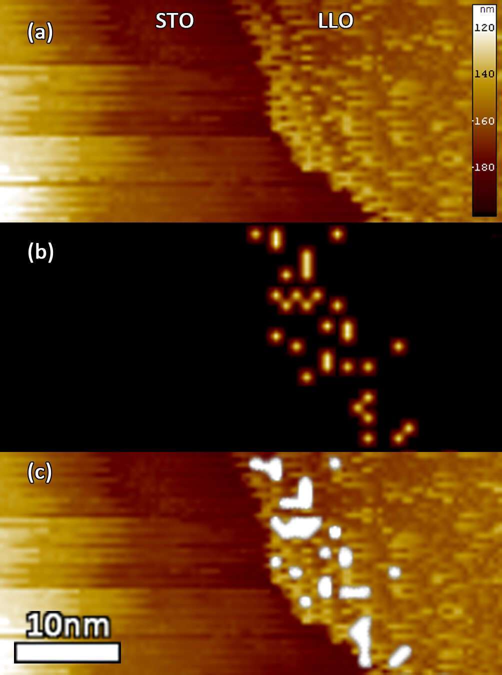STM measurements consisting of (a) standard STM scan, (b) the derivative of the current around zero bias and (c) the two above superimposed showing the correlation of the metallic behavior and the position of the interface.