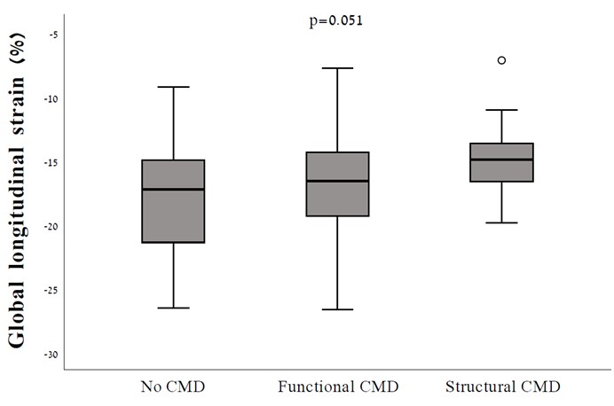 Comparision of LVGLS in patients with structural vs. functional vs. no CMD