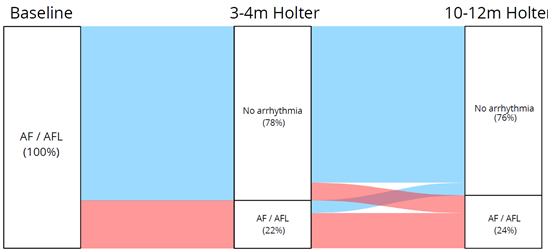 Alluvial diagram of 24h Holter ECG results from procedure to one year