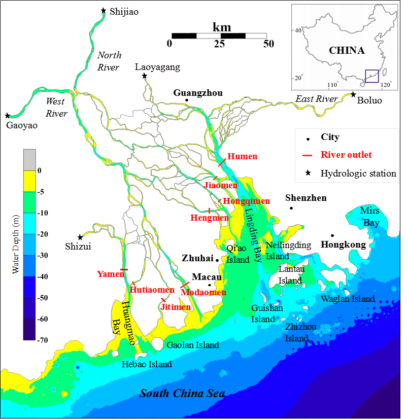 Topography of the Pearl River Delta showing the distributaries and outlets