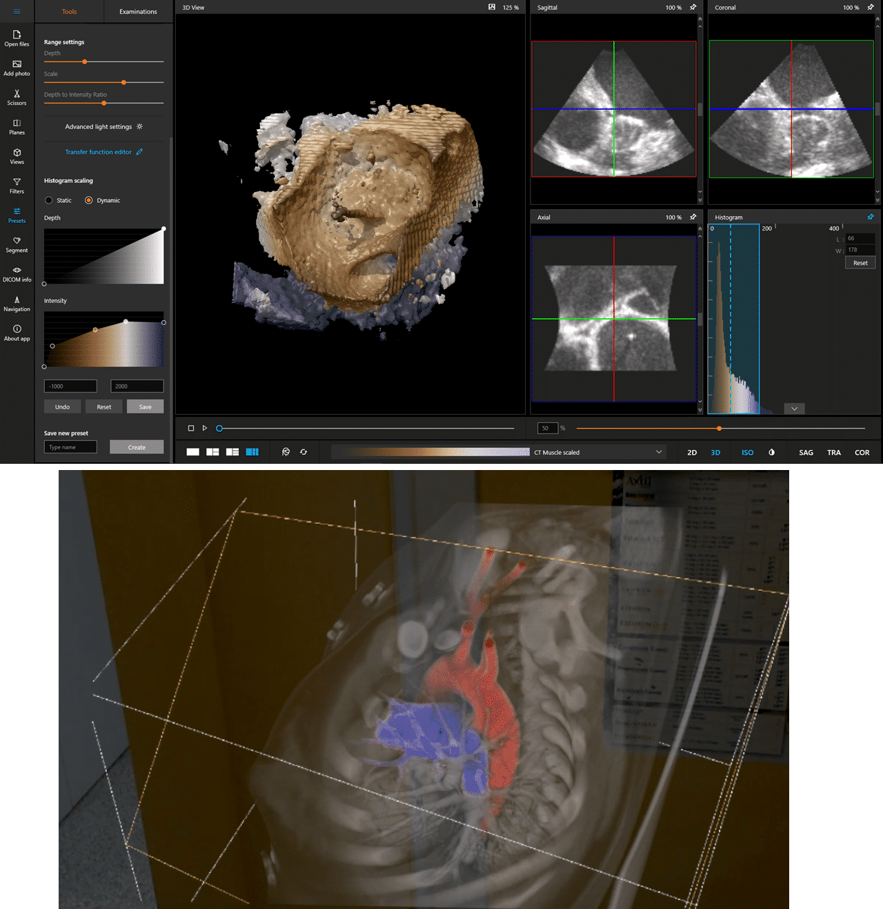 Main window of CarnaLife Holo application and CT hologram visualization with cutting plane in front of the operator.