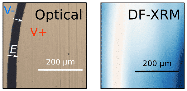 Image of sample surface in an optical microscope, and electric field shown in DF-XRM