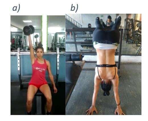 Figure 1. Shoulder elevation. a) Initial form, b) final form when shoulder recovered range of movement and strength 